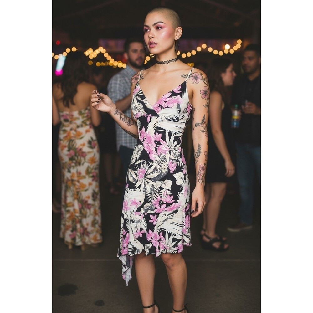 Charlotte Russe Vintage Y2K Babydoll Midi Dress Womes S Black Floral Asymmetric